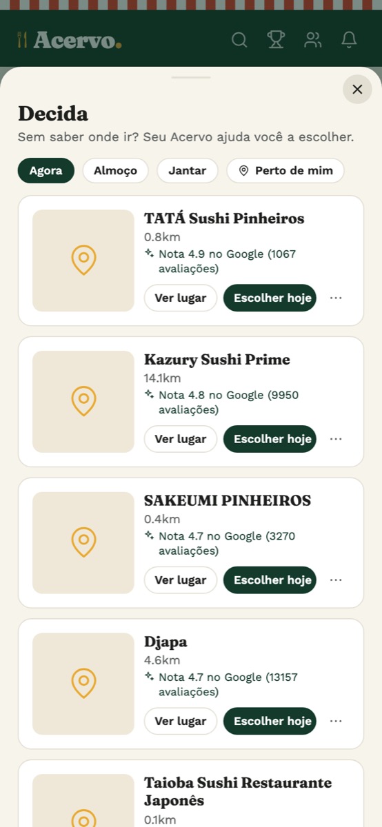 Tela Decida com sugestões de restaurantes