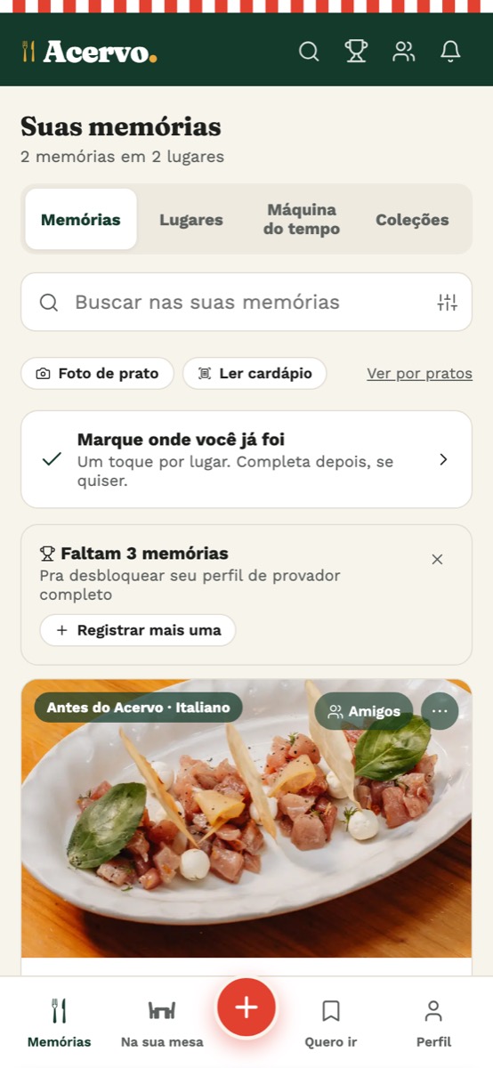 Tela de memórias do Acervo com fotos de pratos