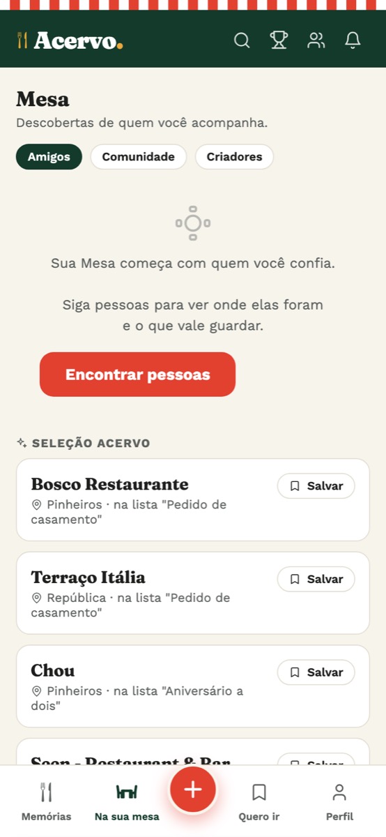 Tela Na sua mesa com sugestões